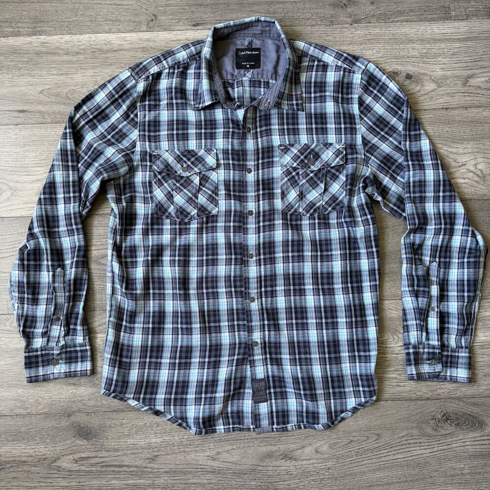 Calvin Klein Jeans Men's Blue Plaid Button Down Shirt - Size XL
